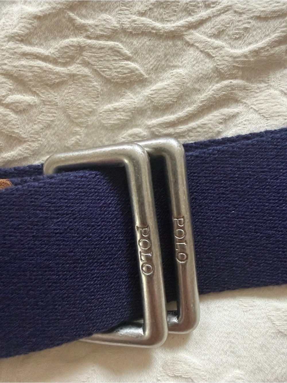 Polo by Ralph Lauren Navy Canvas Belt with Tan Leather Tab and Silver Buckle